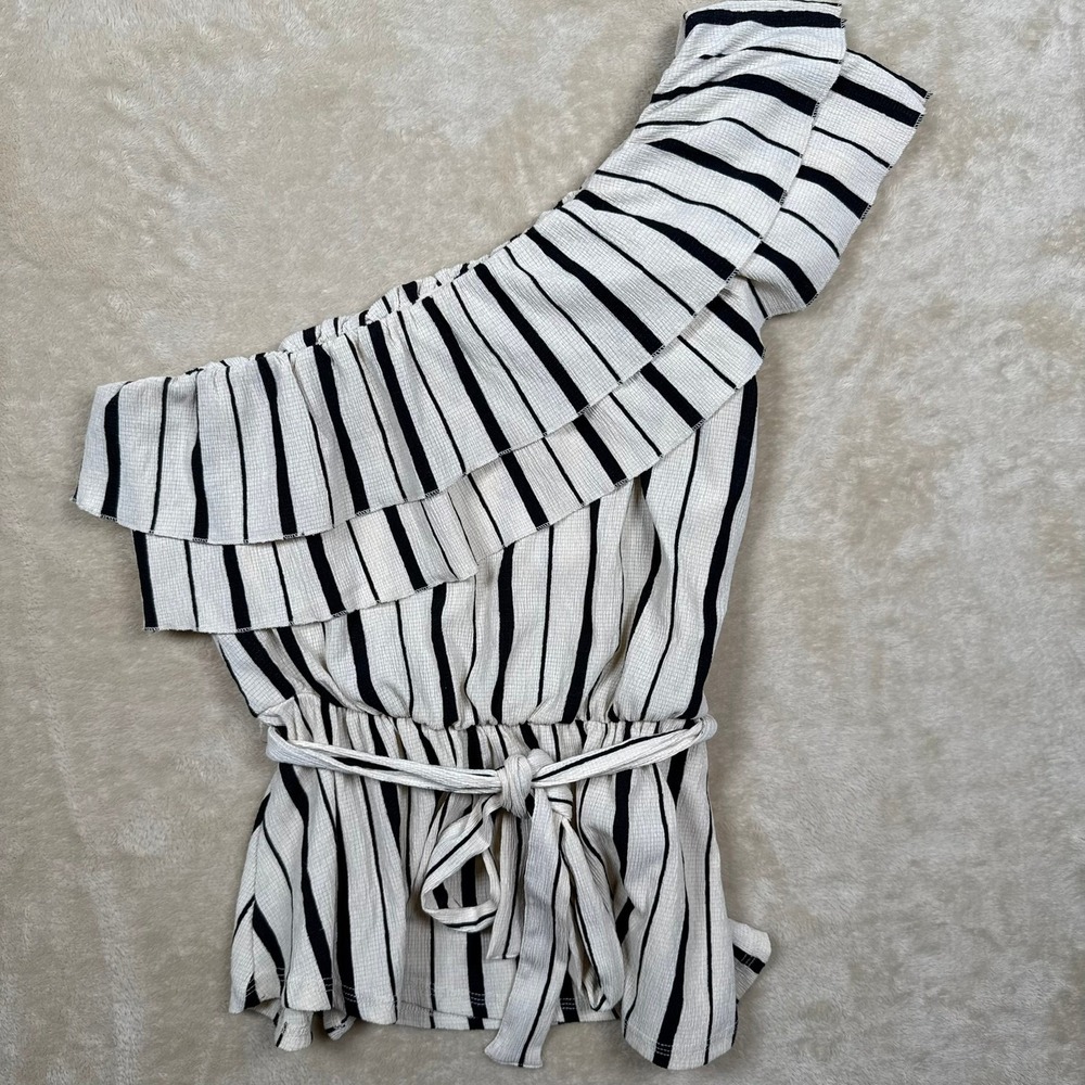 Maeve Anthropologie One Shoulder Ruffle Striped Peplum Top Cream Black Medium